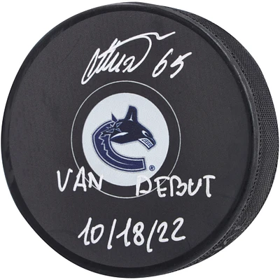 Ilya Mikheyev Vancouver Canucks Autographed Hockey Puck with "Van Debut 10/18/22" Inscription