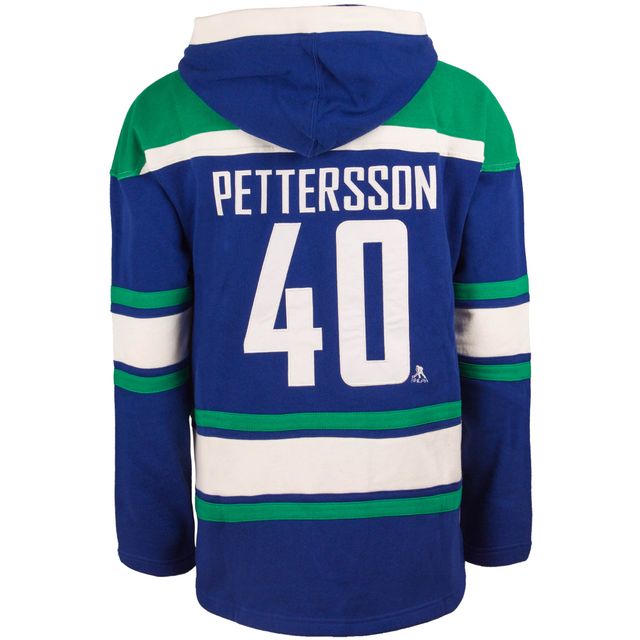 Chandail à capuchon 47 Elias Pettersson pour hommes, bleu Vancouver Canucks Lacer Player Name & Number
