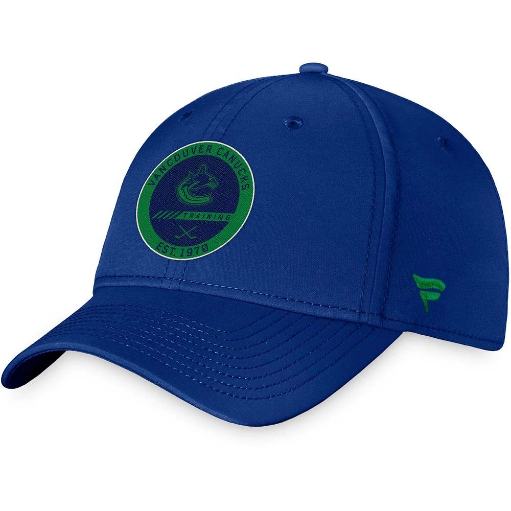 Camp d'entraînement professionnel authentique des Canucks de Vancouver Fanatics bleus pour hommes - Casquette flexible