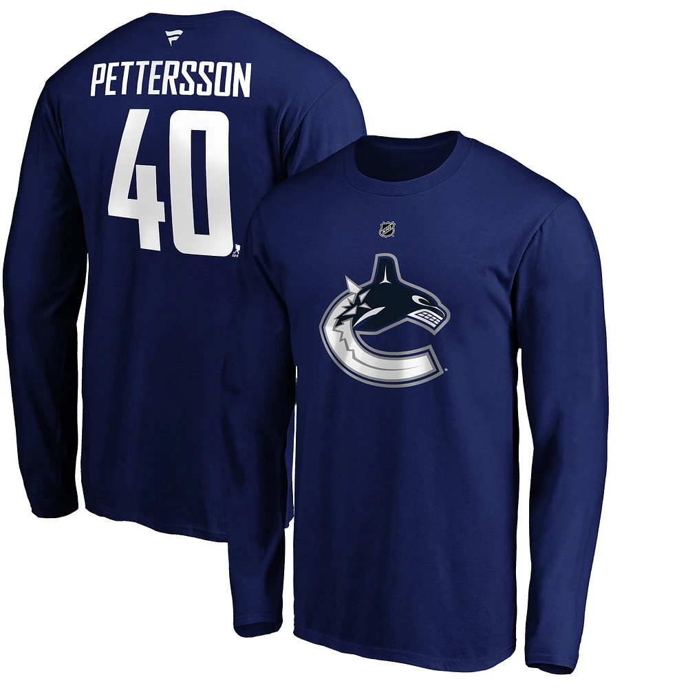 Fanatics Branded Elias Pettersson Blue Vancouver Canucks Authentic Stack Name & Number - T-shirt à manches longues