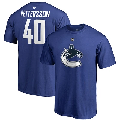 T-shirt authentique avec nom et numéro de l'équipe des Canucks Vancouver Fanatics Elias Pettersson pour hommes, bleu