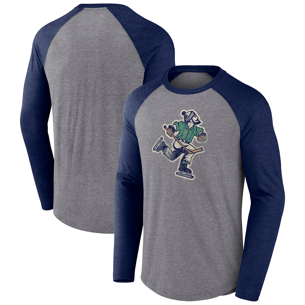 Men's Fanatics Heather Gray Vancouver Canucks Reverse Retro Raglan Tri-Blend Long Sleeve T-Shirt