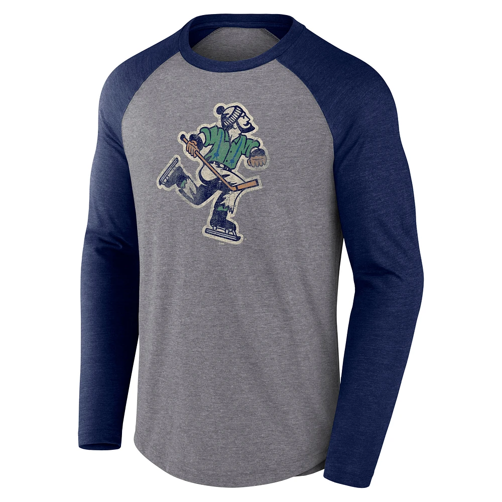 Men's Fanatics Heather Gray Vancouver Canucks Reverse Retro Raglan Tri-Blend Long Sleeve T-Shirt