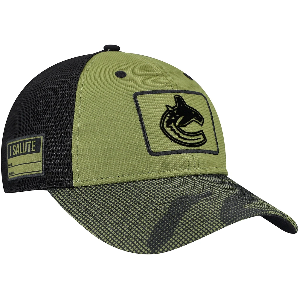 Casquette ajustable de camionneur Fanatics pour hommes, olive, Vancouver Canucks, appréciation militaire