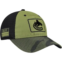 Casquette ajustable de camionneur Fanatics pour hommes, olive, Vancouver Canucks, appréciation militaire