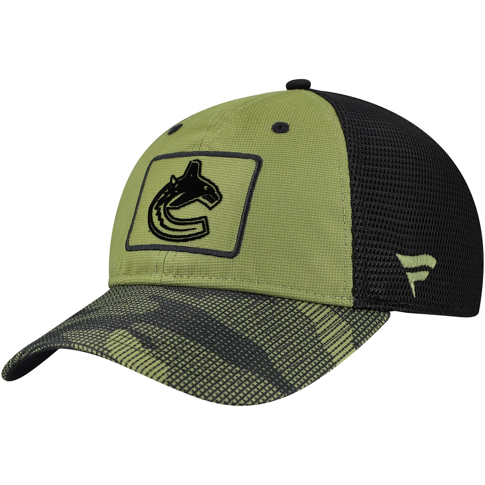 Casquette ajustable de camionneur Fanatics pour hommes, olive, Vancouver Canucks, appréciation militaire