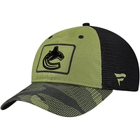 Casquette ajustable de camionneur Fanatics pour hommes, olive, Vancouver Canucks, appréciation militaire