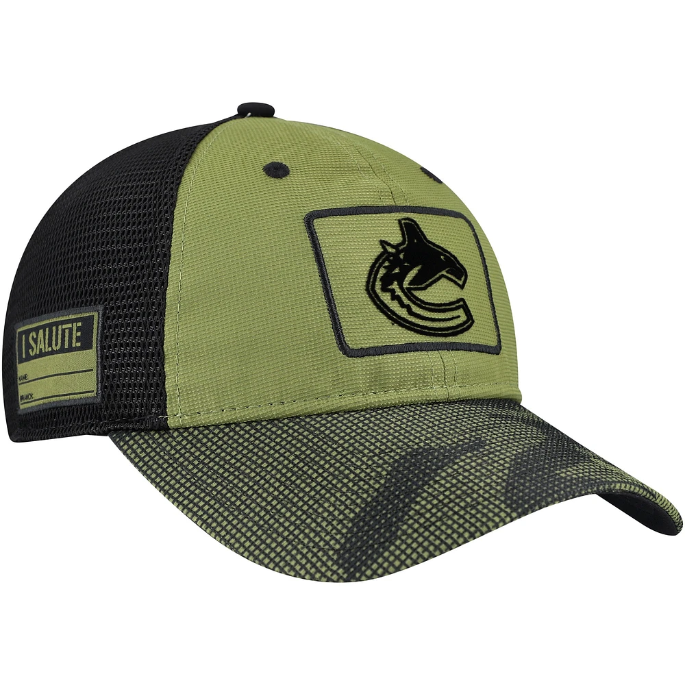 Casquette ajustable de camionneur Fanatics pour hommes, olive, Vancouver Canucks, appréciation militaire