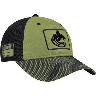 Casquette ajustable de camionneur Fanatics pour hommes, olive, Vancouver Canucks, appréciation militaire