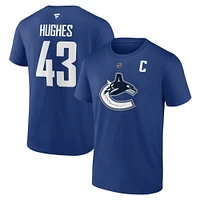 T-shirt avec nom et numéro de capitaine authentique Stack Captain des Canucks Vancouver, Fanatics Quinn Hughes, bleu, pour hommes