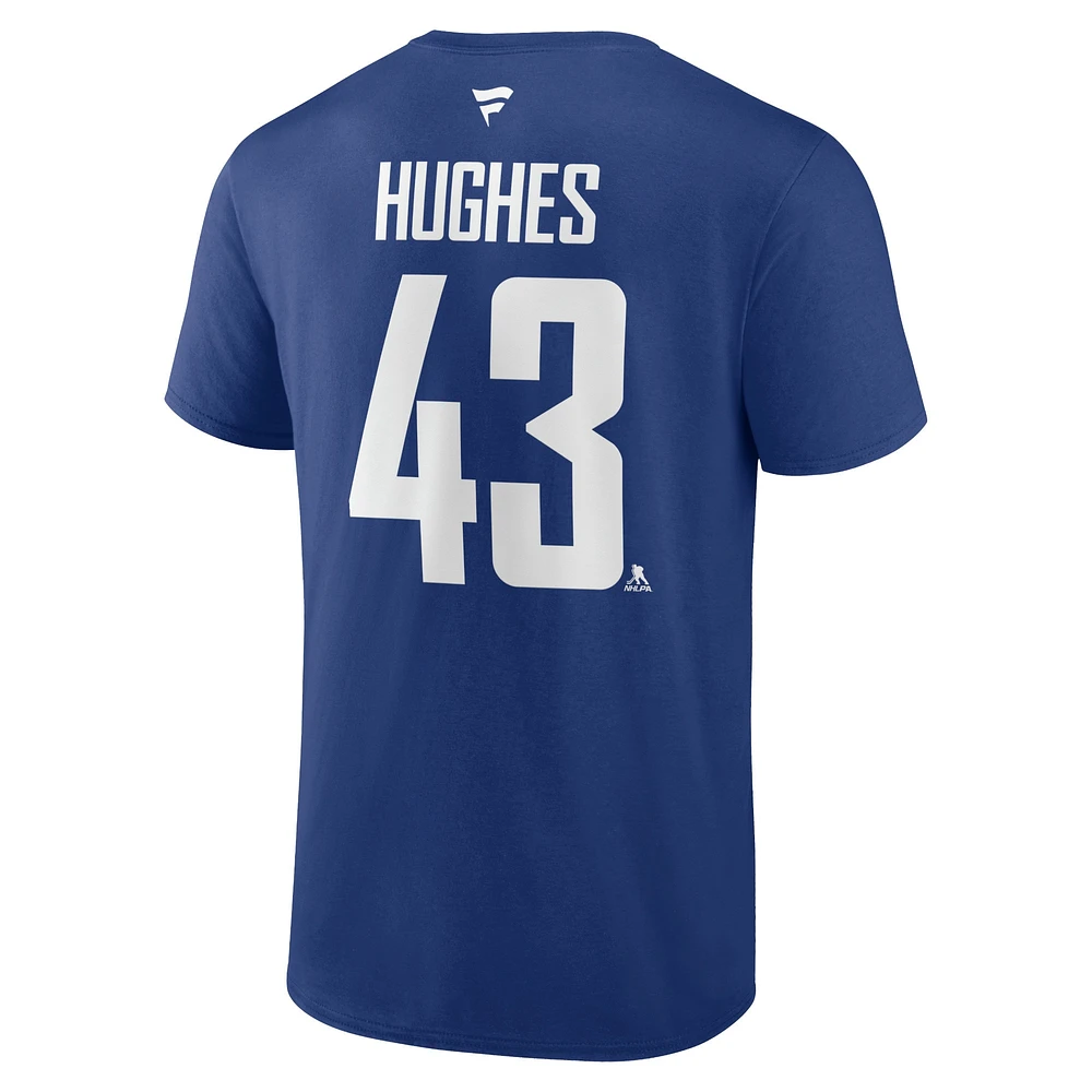 T-shirt avec nom et numéro de capitaine authentique Stack Captain des Canucks Vancouver, Fanatics Quinn Hughes, bleu, pour hommes