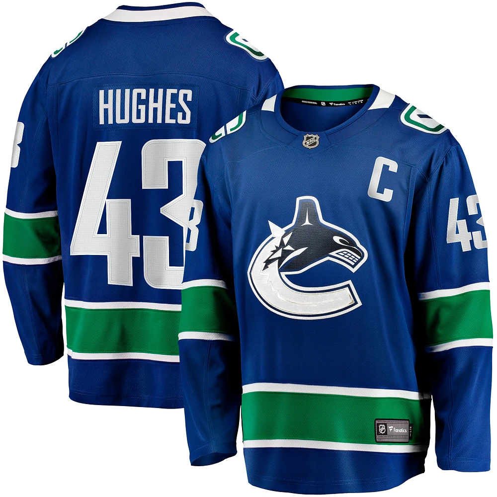 Maillot d'évasion à domicile des Canucks de Vancouver bleu Fanatics Quinn Hughes pour hommes