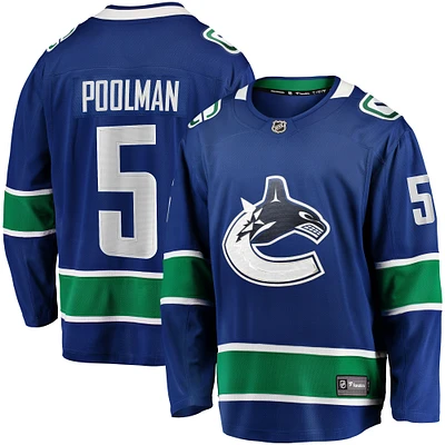 Maillot de joueur échappé Fanatics Tucker Poolman des Canucks Vancouver, bleu, pour hommes