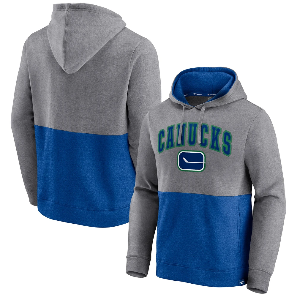 Men's Fanatics Vancouver Canucks Heathered Gray/Blue Block Party Classic Arch Signature - Pullover Hoodie