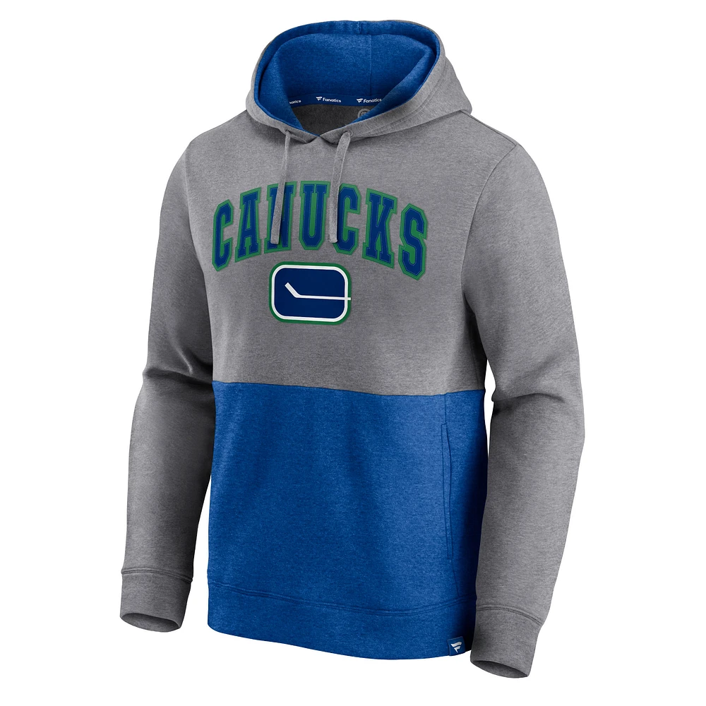 Fanatics pour hommes Vancouver Canucks gris chiné/bleu Block Party Classic Arch Signature - Chandail à capuchon