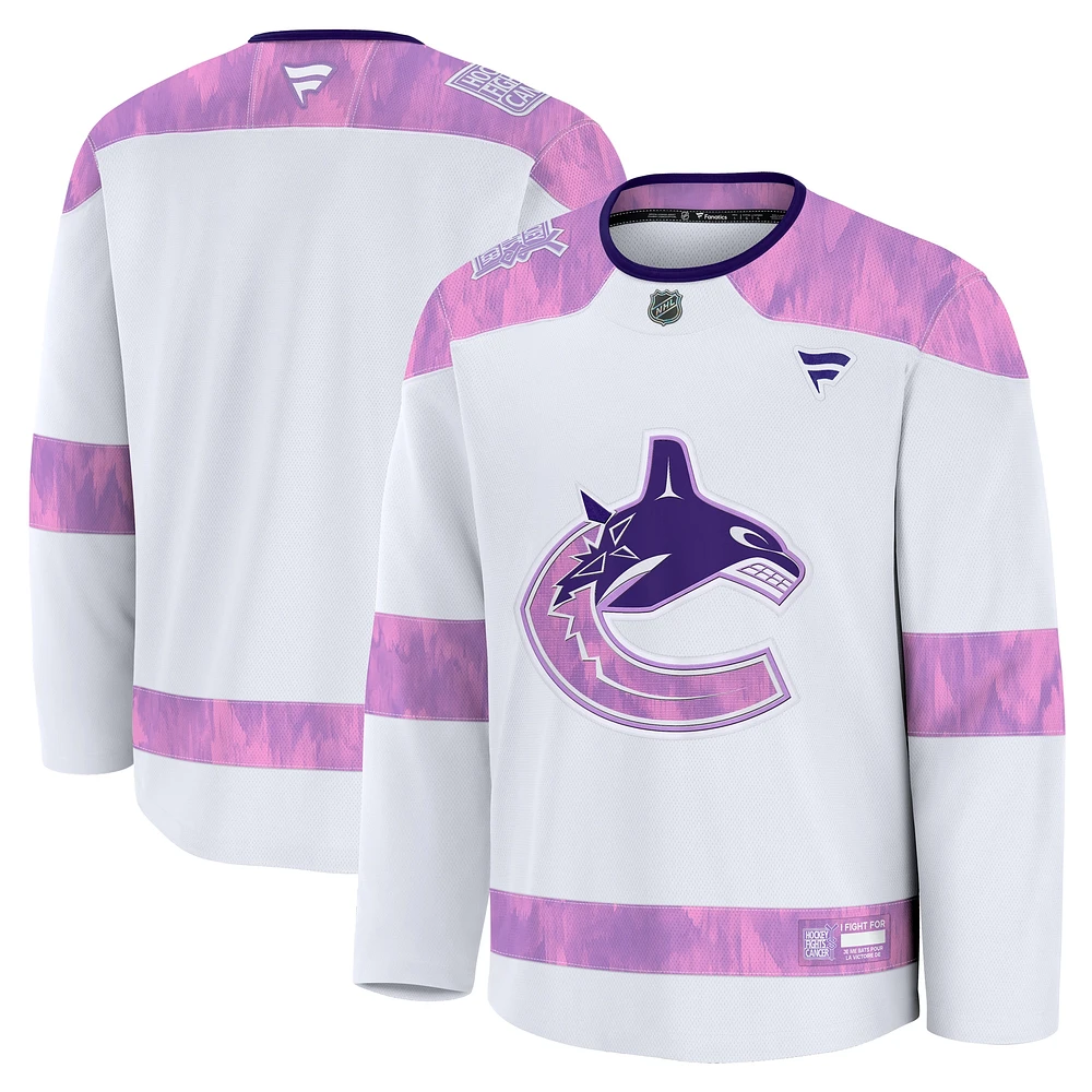 Men's Fanatics White Vancouver Canucks 2024 Hockey Fights Cancer Practice Jersey