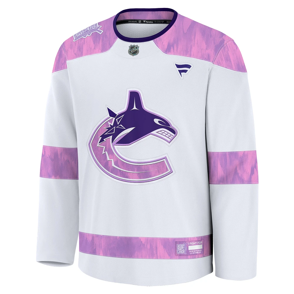 Men's Fanatics White Vancouver Canucks 2024 Hockey Fights Cancer Practice Jersey