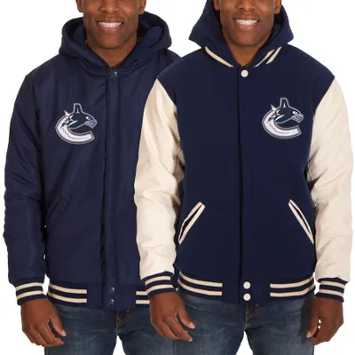 Vancouver Canucks JH Design Reversible Fleece Varsity Hooded Jacket - Navy