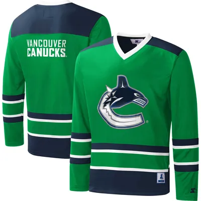 Men's Starter Green Vancouver Canucks Cross-Check V-Neck - Long Sleeve T-Shirt