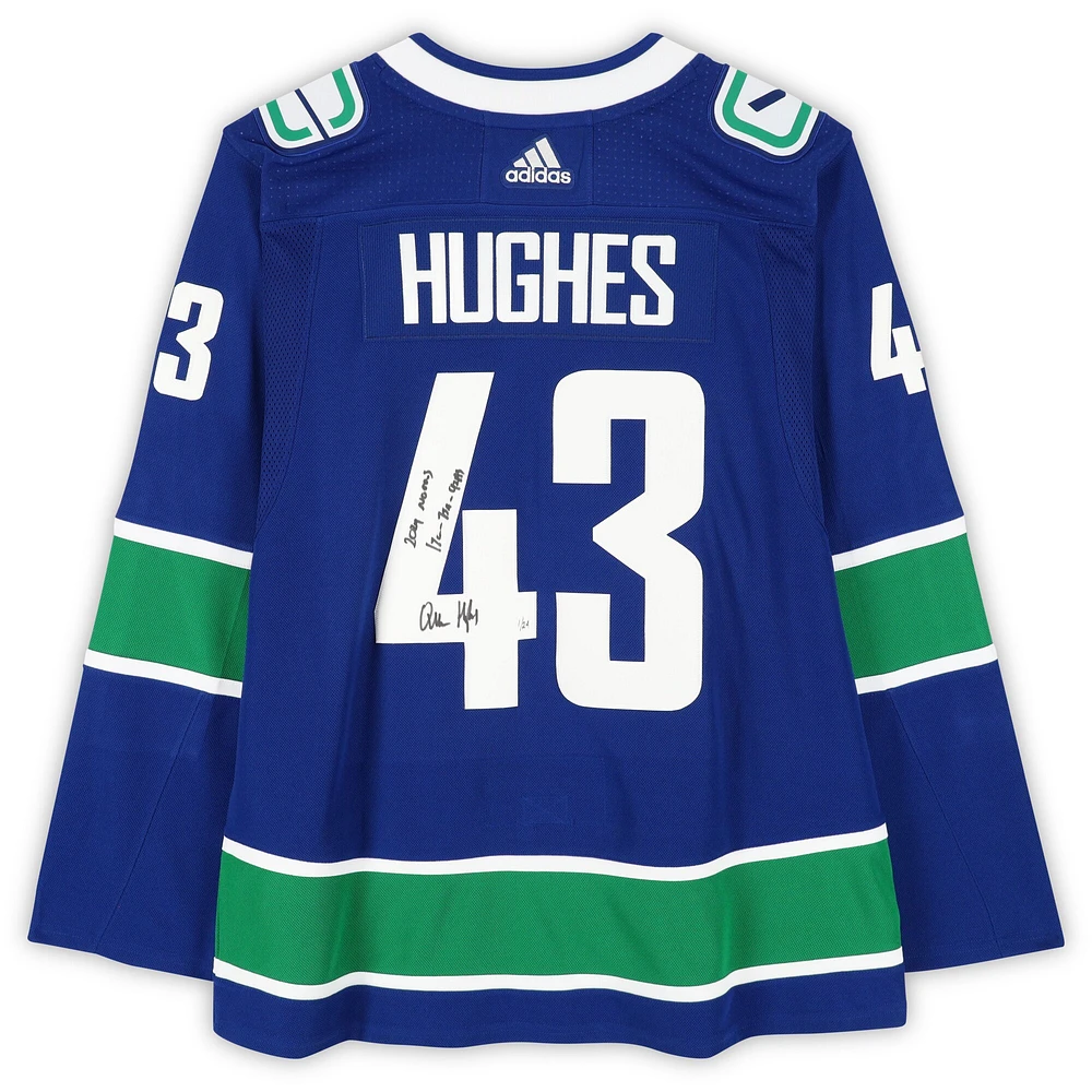 Quinn Hughes Vancouver Canucks Autographed Blue adidas Authentic Jersey with "2024 Norris" & "17G - 75A - 92 Pts" Inscriptions