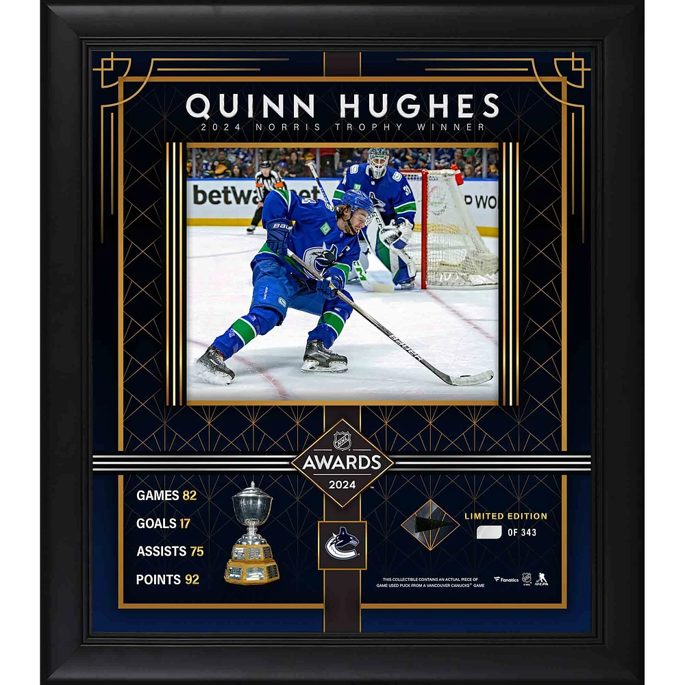 Quinn Hughes Vancouver Canucks Framed 2024 Norris Trophy Winner 15" x 17" Photograph with a Piece of Game-Used Puck - Limited Edition of 343