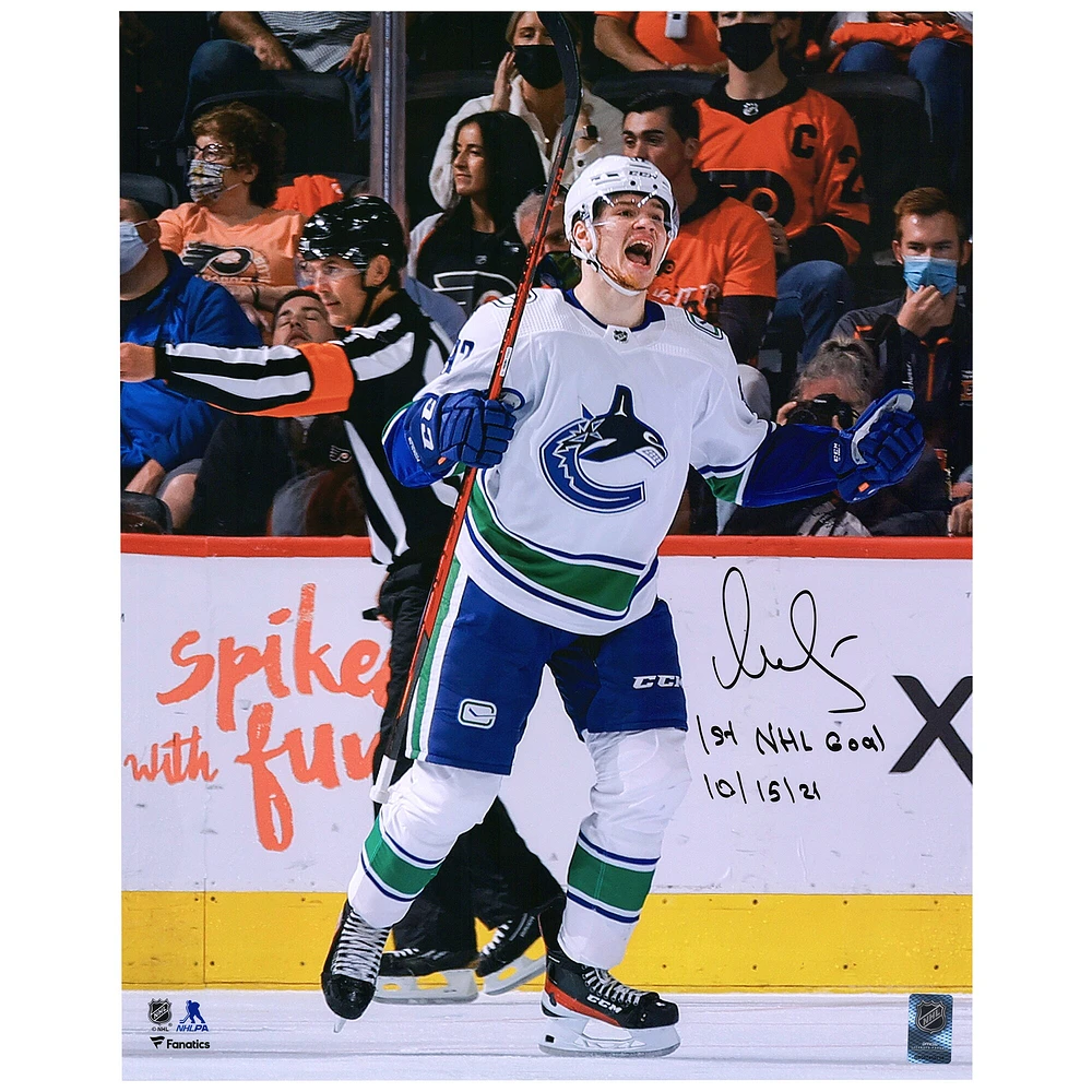 Vasily Podkolzin Vancouver Canucks Autographed 16" x 20" White Skating Photograph with "1st NHL Goal 10/15/21" Inscription