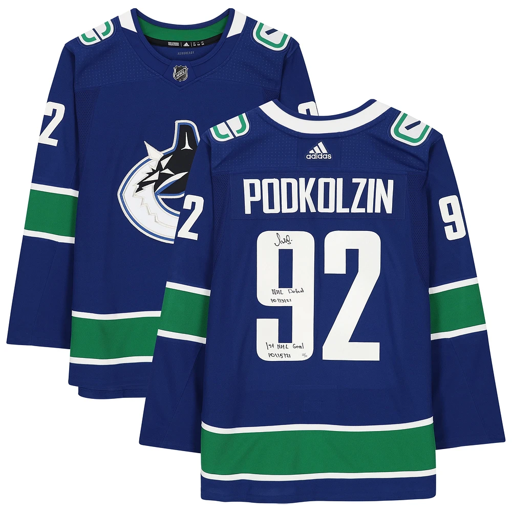 Vasily Podkolzin Vancouver Canucks Maillot Adidas Authentique Bleu Dédicacé avec Inscriptions « NHL Debut 10/13/21 » et « 1st NHL Goal 10/15/21 » – Édition limitée de 21