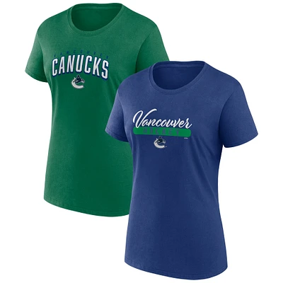 Ensemble de deux t-shirts fanatiques bleu/vert pour femmes des Canucks Vancouver