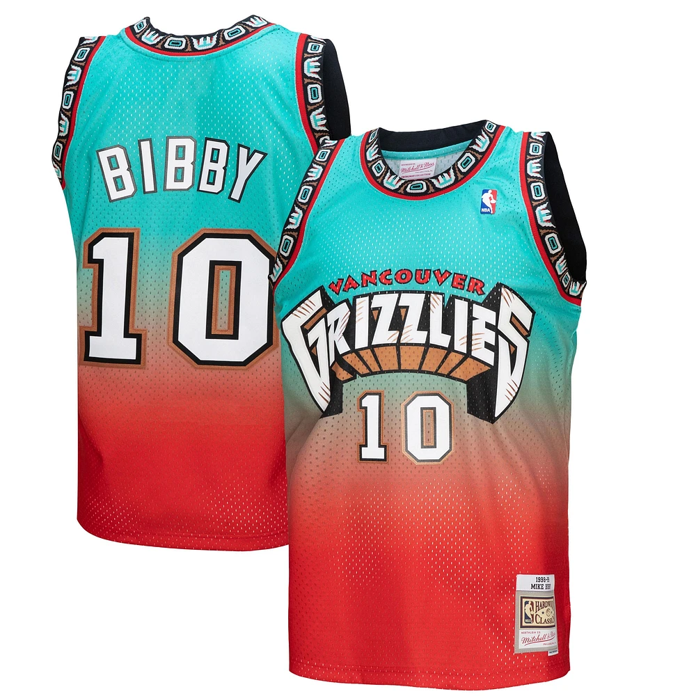 Homme Mitchell & Ness Mike Bibby Rouge/Teal Vancouver Grizzlies 1998/99 Hardwood Classics Fadeaway Swingman Player Jersey