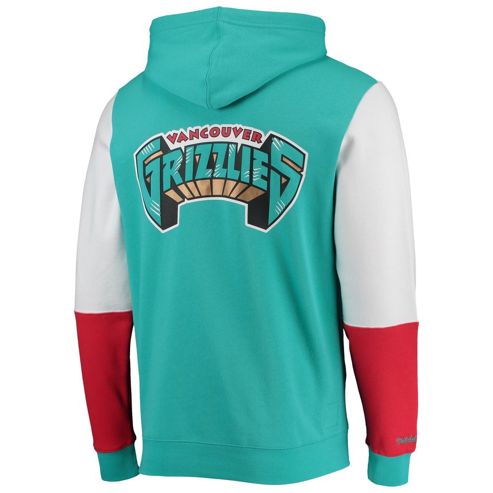 Men's Mitchell & Ness Turquoise/White Vancouver Grizzlies Hardwood Classics Fusion 2.0 Colorblock - Pullover Hoodie