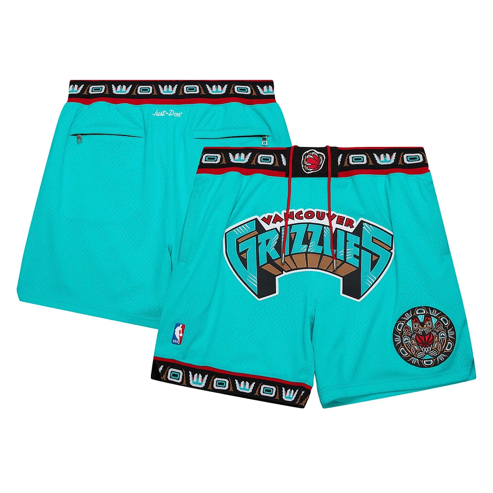 Short en maille authentique NBA x Just Don pour hommes Mitchell & Ness Turquoise Vancouver Grizzlies Hardwood Classics