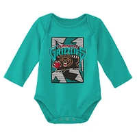 Newborn & Infant Mitchell Ness Black/Turquoise Vancouver Grizzlies 3-Piece Hardwood Classics Bodysuits Cuffed Knit Hat Set