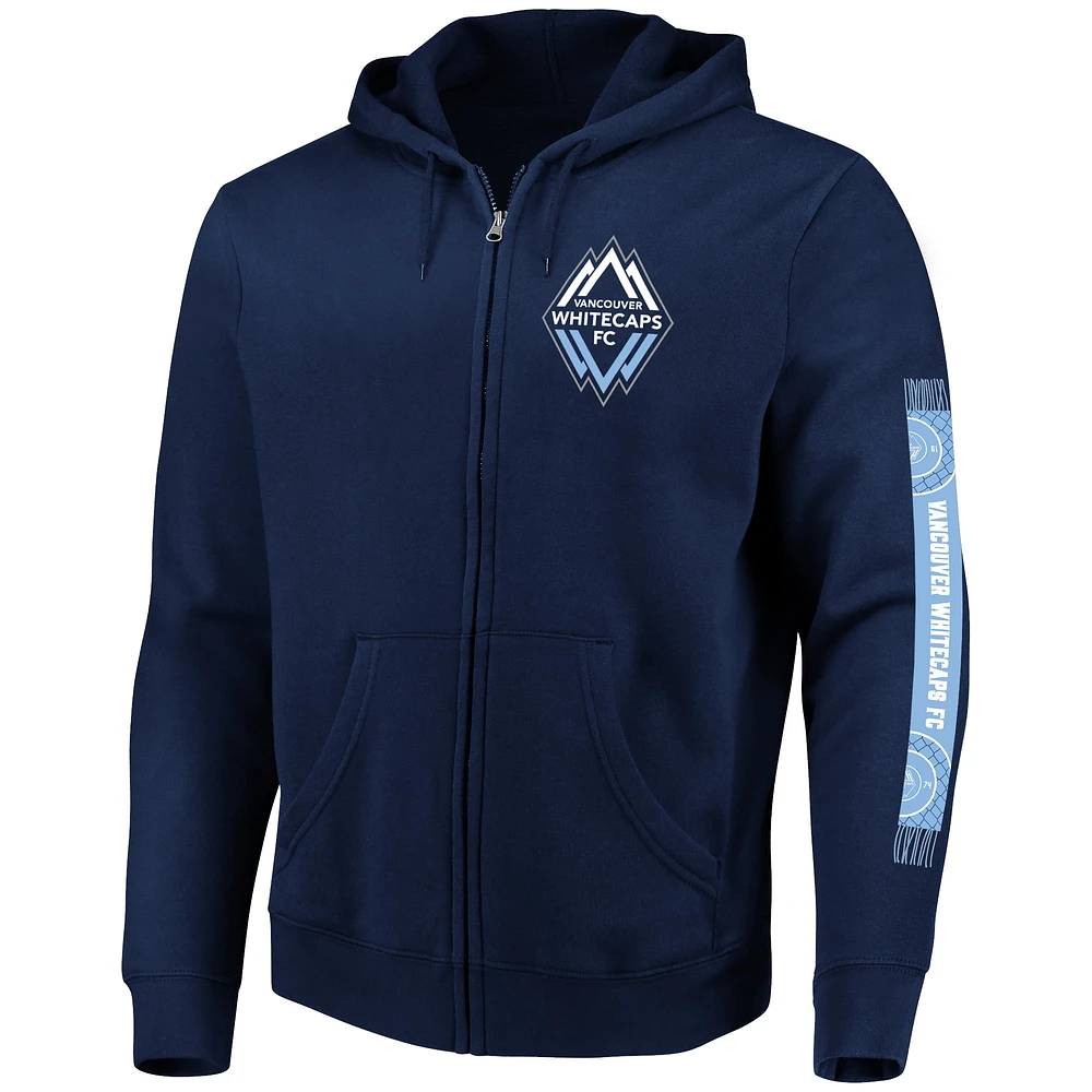 Sweat à capuche entièrement zippé manches foulard emblématique de Vancouver Whitecaps FC marque Fanatics pour hommes, bleu profond