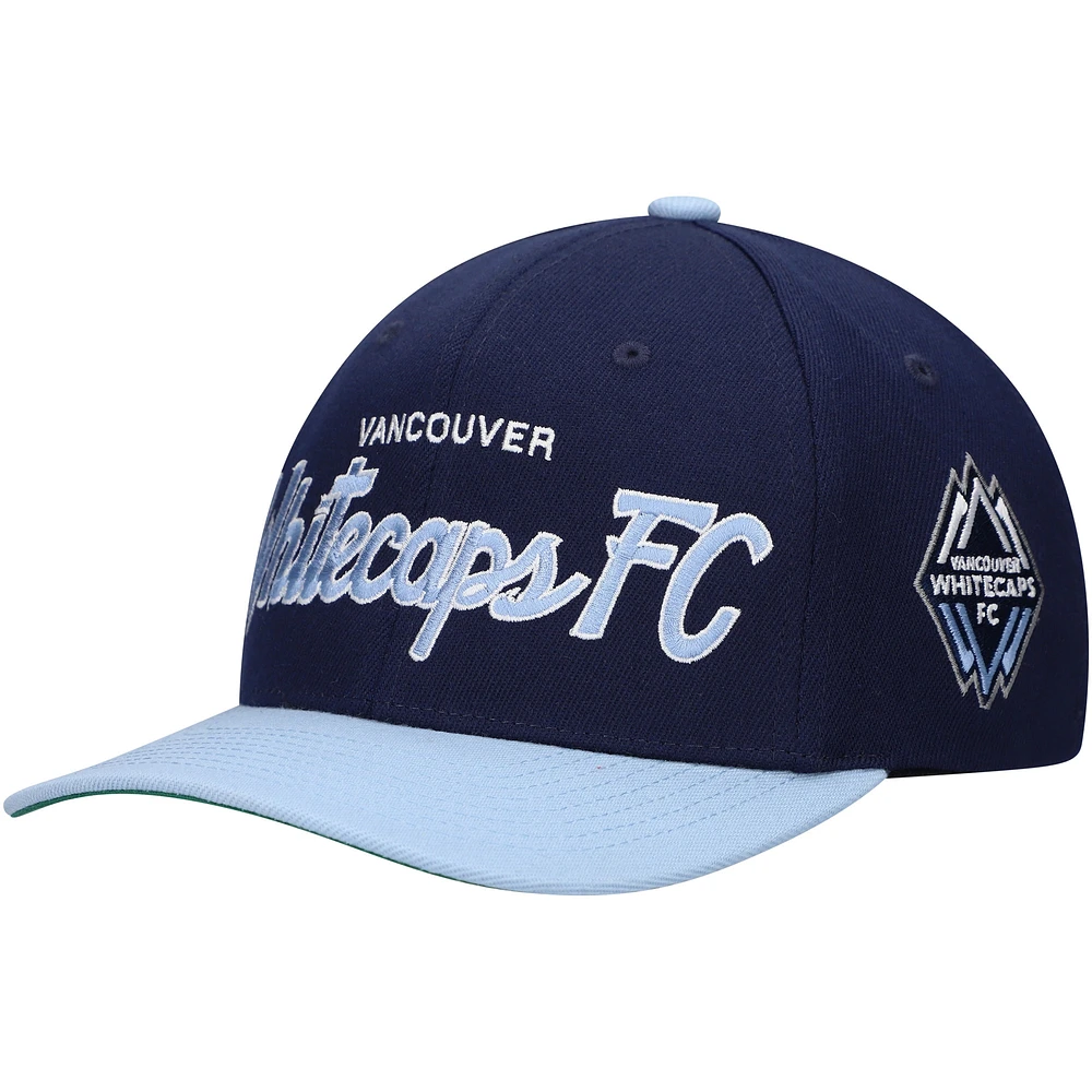 Men's Mitchell & Ness Deep Sea Blue Vancouver Whitecaps FC Team Script 2.0 Stretch Snapback Hat