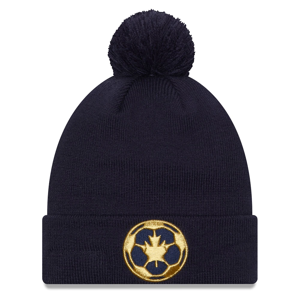 Bonnet en tricot à revers en jersey New Era Vancouver Whitecaps FC bleu avec pompon pour homme