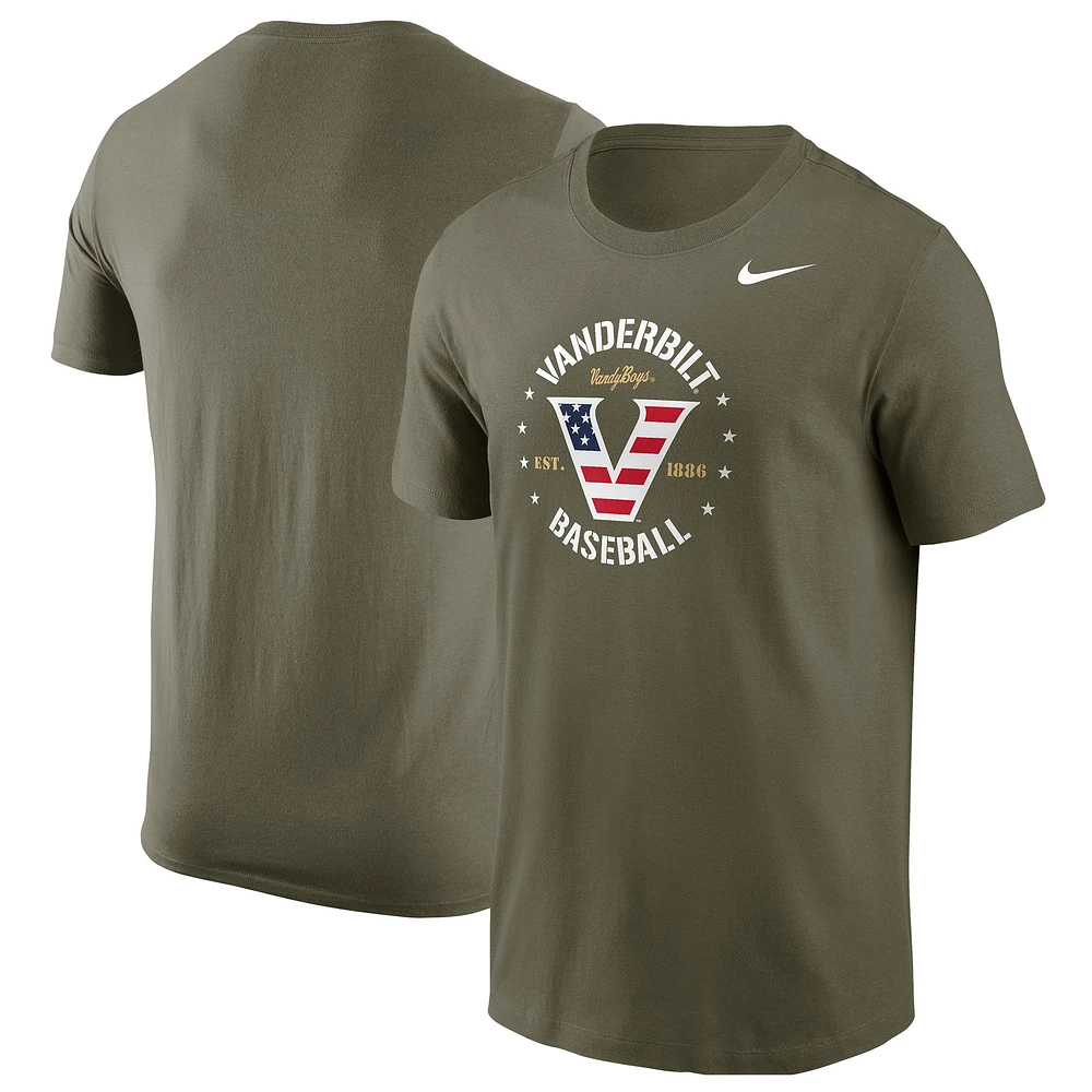 T-shirt d'appréciation militaire de baseball Nike Olive Vanderbilt Commodores pour hommes