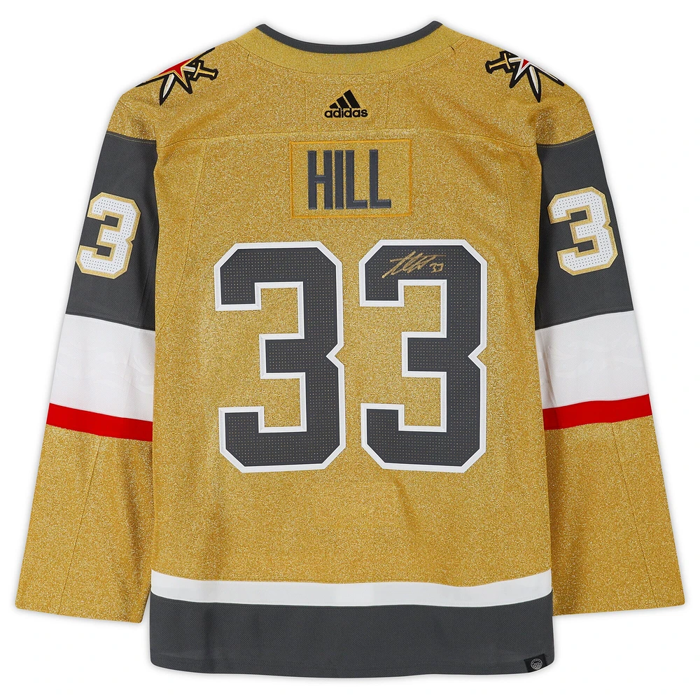 Maillot authentique adidas doré autographié par Adin Hill Vegas Golden Knights avec patch de la Coupe Stanley