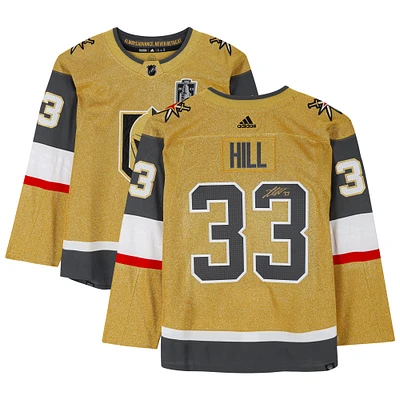 Maillot authentique adidas doré autographié par Adin Hill Vegas Golden Knights avec patch de la Coupe Stanley