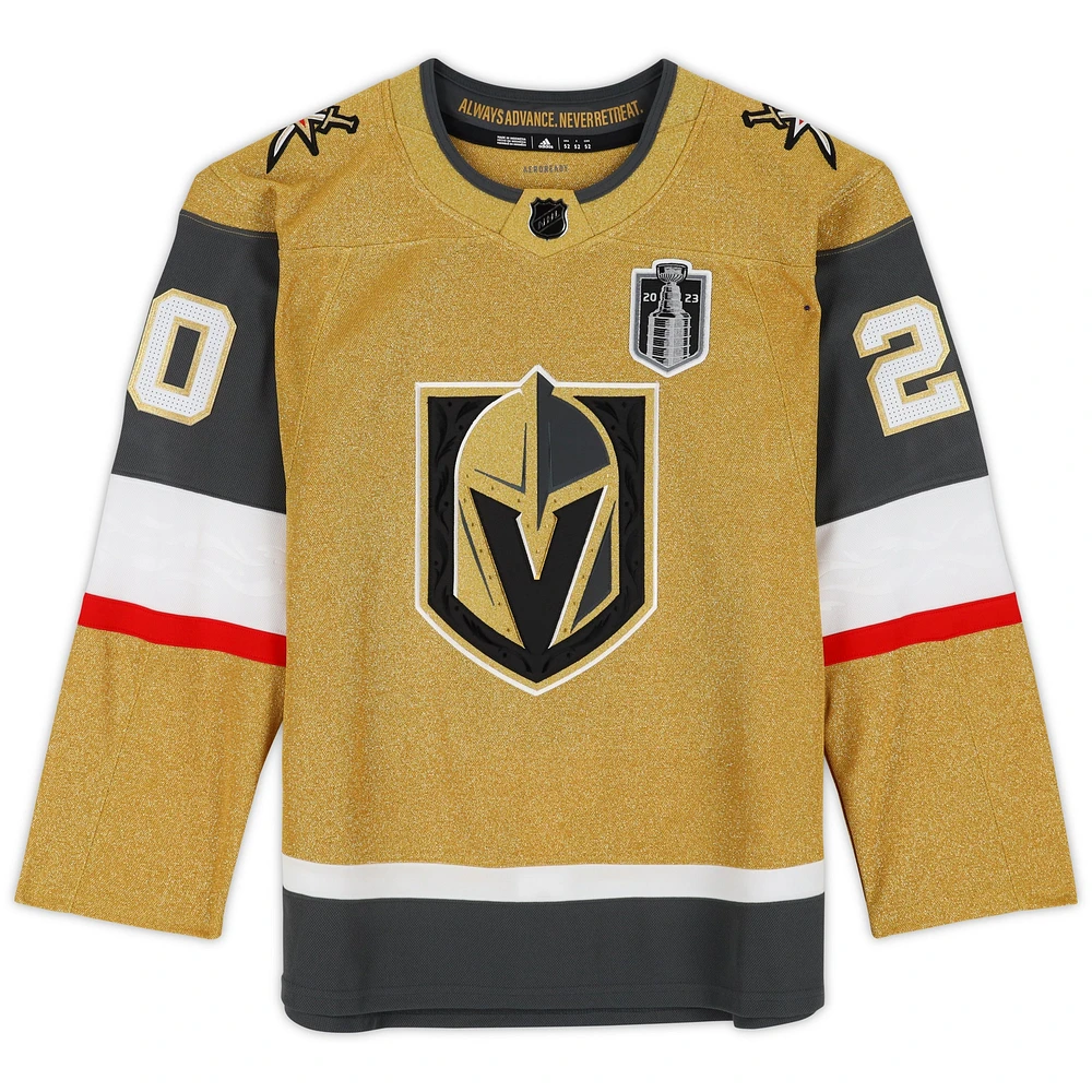 Maillot Adidas authentique doré autographié par Chandler Stephenson des Vegas Golden Knights, champions de la Coupe Stanley 2023, avec écusson de la Coupe Stanley