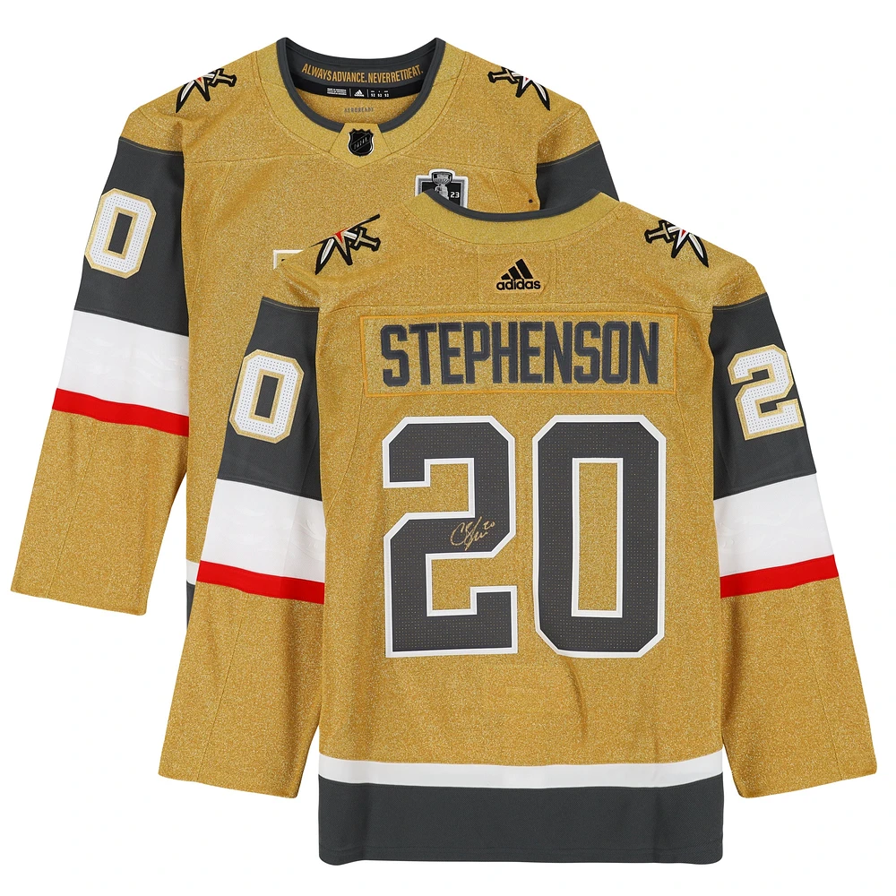 Maillot Adidas authentique doré autographié par Chandler Stephenson des Vegas Golden Knights, champions de la Coupe Stanley 2023, avec écusson de la Coupe Stanley