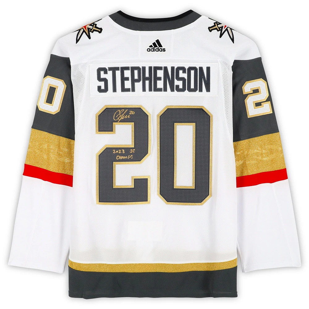Maillot authentique adidas blanc autographié par Chandler Stephenson des Vegas Golden Knights avec écusson de la finale de la Coupe Stanley 2023 avec inscription « 2023 SC Champs »