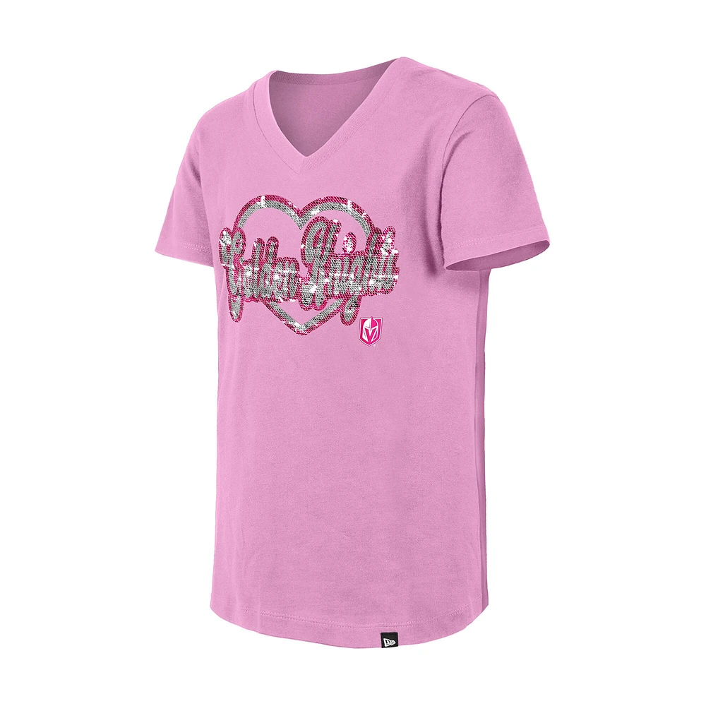 Girl's Youth New Era  Pink Vegas Golden Knights Flip Sequin V-Neck T-Shirt