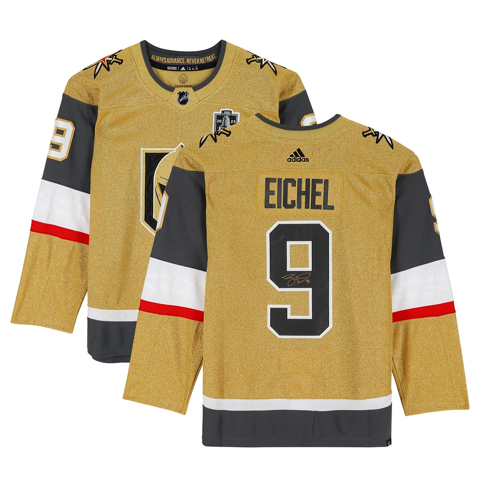 Maillot Adidas authentique doré autographié par Jack Eichel Vegas Golden Knights, champion de la Coupe Stanley 2023, avec écusson de la Coupe Stanley
