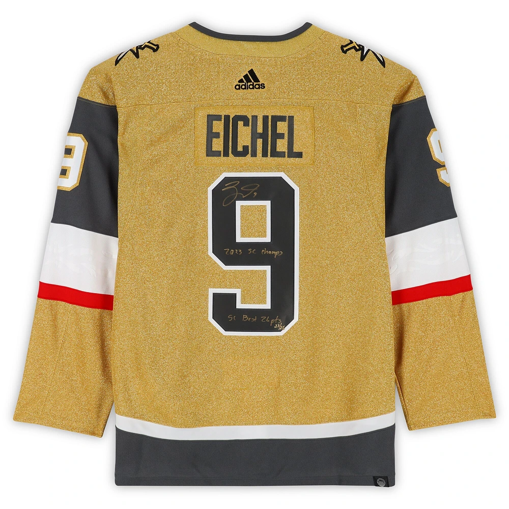 Maillot authentique Adidas autographié par Jack Eichel Vegas Golden Knights avec plusieurs inscriptions - Édition limitée à 26 exemplaires