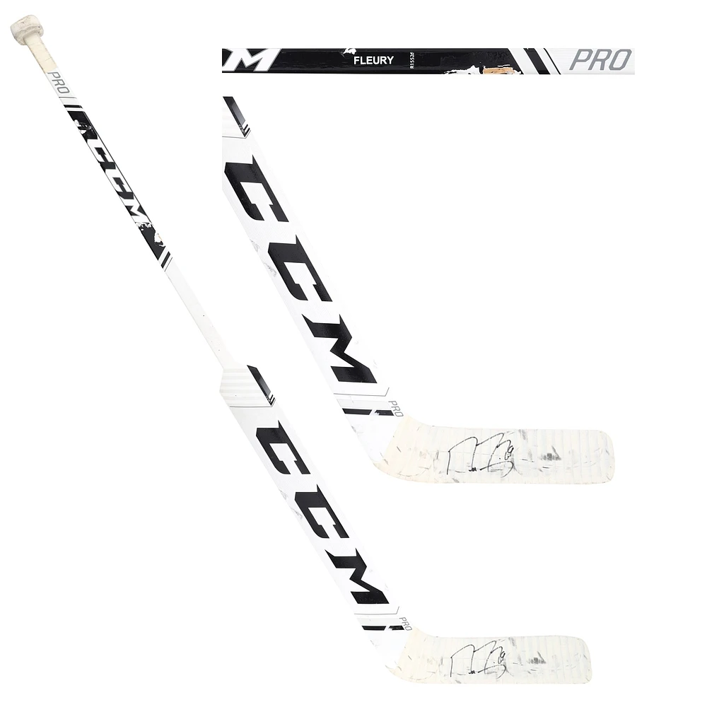 Bâton CCM blanc autographié par Marc-André Fleury des Golden Knights de Vegas contre les Coyotes de l'Arizona le 1er mai 2021 - Victoire en carrière n° 489