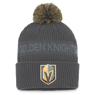 Bonnet en tricot à revers de glace Authentic Pro Home Fanatics Charcoal Vegas Golden Knights pour hommes avec pompon