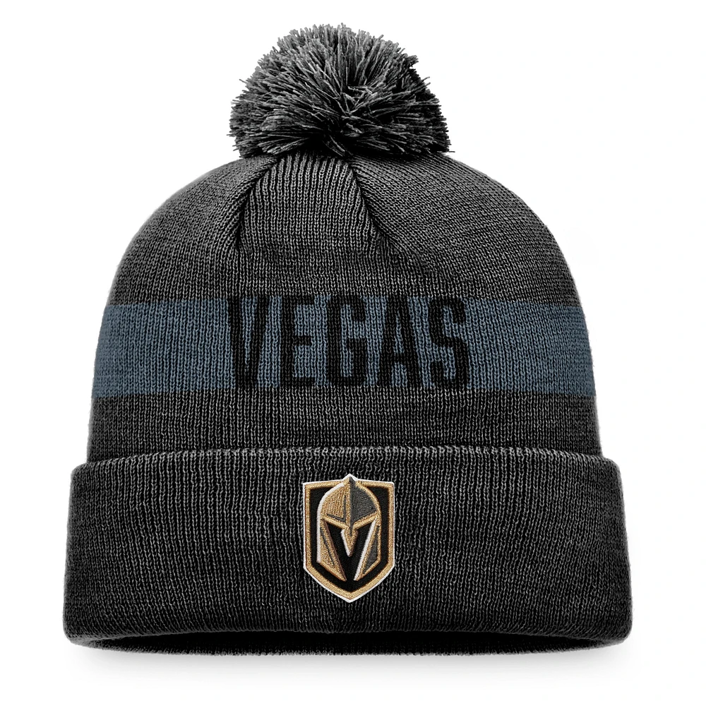 Bonnet en tricot à revers avec patch fondamental Fanatics Charcoal Vegas Golden Knights pour hommes avec pompon