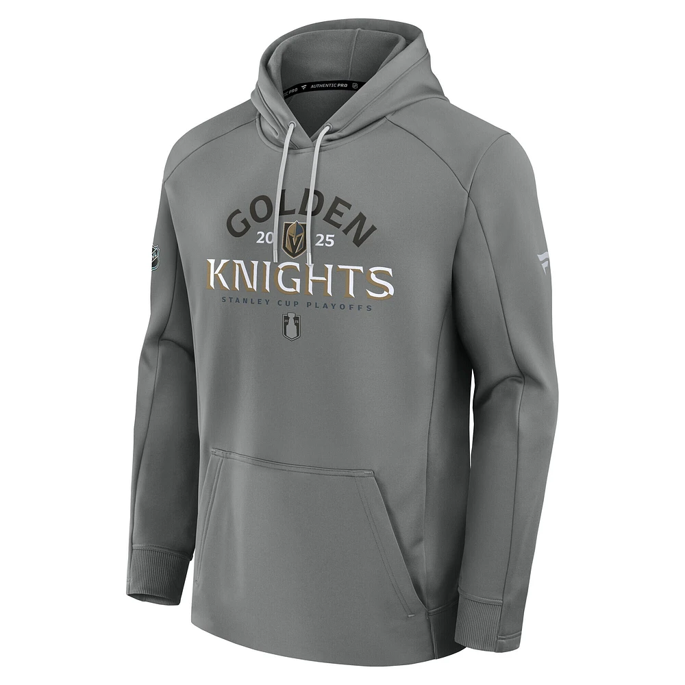 Men's Fanatics Gray Vegas Golden Knights 2025 Stanley Cup Playoffs Authentic Pro Rink Fly Fleece Pullover Hoodie