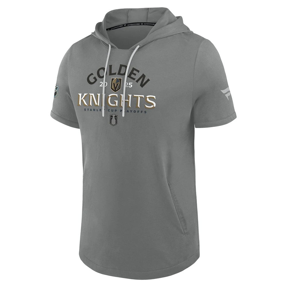 Men's Fanatics Gray Vegas Golden Knights 2025 Stanley Cup Playoffs Authentic Pro Road Performance Short Sleeve Pullover Hoodie