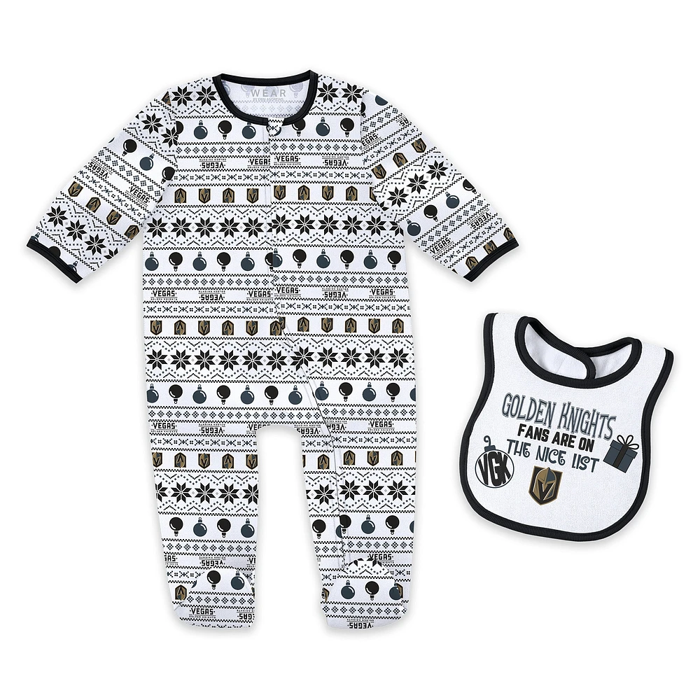 Newborn WEAR by Erin Andrews Vegas Golden Knights Allover Print Full-Zip Sleeper & Bib Christmas Set